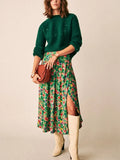 Spring Vintage Green Long Skirt High Waist Print Skirt Seaside Holiday Pleated Skirt Split Elegant Floral Skirt