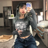 Y2k Aesthetic Grunge Goth T-shirt Tee Female Clothing Y2k Graphic Print Long Sleeve Tops Harajuku Clothes