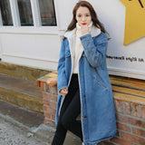 New Fashion Womens Femmes Long Coats Denim Overcoat Single Breasted Warm Fur Lining Loose Fit BF Style Female