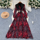 Fashionable Dress Women's French Nail Polish Brighten Embroidery V Collar Long Sleeve Leopard Print Elegant Long