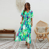 Summer New Elegant Dress V-Neck Print High-Waisted Loose Swing Short-Sleeved Dress