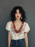 V-Necked Lace Shirt For Women In Summer 2024, The New Popular Style Loose Temperament Niche French Thin Blouse-Outfit