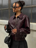 Burgundy Pu Leather Zipper Biker Jacket-Outfit