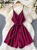 Backless Strap Rompers Women Fashion Sleeveless V Neck Solid Short Jumpsuits Summer Korean Wide Leg