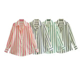 Toloer New Fashion Temperament Lapel Multi-Color Stripe Silk Satin Texture Long Sleeve Loose Shirt Female-Outfit