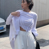 Korean Fashion Designer Clothes Irregular Crop Tops Long Sleeve Tight Sexy Slim Tee Shirts Chic Streetwear Black Y2k