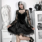 Dark Dress Lace Stitching Shows Chest Long-Sleeved Lotus Leaf Edge Waist Shows Thin Casual Dress-Outfit