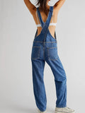 Women Vintage Retro Denim Long Jumpsuit Casual Spaghetti Strap Straight Romper Pants Summer Baggy Bib Overalls-Outfit