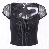Toloer Street Lace Splicing Square Collar Short-Sleeved Jacket Women's Eyes Band Show Thin Women's Hair-Outfit