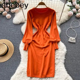 Women Autumn French Knitted Dress O Neck Long Sleeve Sheath Dress Office Lady Fashion Solid Mid Long Sweater
