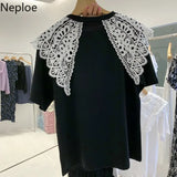Woman Tshirts Lace Hollow Out Crochet Turn Down Collar Patchwork Short-sleeved Shirt Summer Casual Tops Clothing