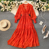 Holiday Dress Spring Dress 2023 New Goddess Temperament V-Collar Rope-Drawn Waist Dress-Outfit