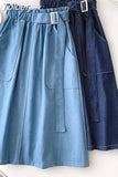 Midi Denim Skirt Women 2023 Spring Summer Safari Style Big Pocket Belt A Line Knee Length High Waist Jeans SKirt