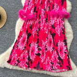 Elegant Dress Women 2025 New Light Style Waist Hair Sleeve Splicing Print 100-Folded Long