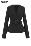 Women Fashion Temperament Blazer Belt Waist Middle Elegant Commuter Professional Office Elegant Chic Blazer