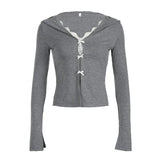 Toloer Sweet Girl Wind Bump Color Lace Slim Long Sleeve T-Shirt V-Neck Flip Stitching Bow Small Cardigan-Outfit