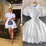 Summer Retro Temperament Elegant Collar Single Buckle White Lace Embroidery A Word Cake