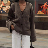 Autumn And Winter Pure Color V-Neck Single Buckle Knitted Cardigan Lazy Loose Comfortable