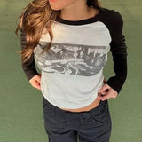 2024 Ins Internet Celebrity Personality Trend New Shoulder-To-Shoulder Abstract Long-Sleeved Head Printed T-Shirt Girl-Outfit