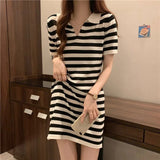 Version Of Temperament Striped T-Shirt Dress Retro POLO Received Waist-Skinny Straight Dress Summer Dress