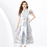 Court Dress Female Design Print Strap To The Waist Long French Bubble Sleeve Temperament Dress Dress