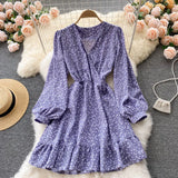 Women French Print Dress Long Sleeve V Neck A-line Ruffles Dresses 2022 Autumn Bohemian Casual Vacation Short
