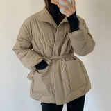 Autumn Winter Argyle Pattern Women Stand Collar Oversized Down Jacket 2022 Fashion Single-breasted Solid Parka Lace-up Chic