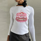 Women's Y2K Vintage Retro Long Sleeve Cherry/Cake Print Crew Neck Spring Fall Slim Fit Tops Aesthetic Grunge T-Shirts-Outfit