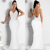 Fashion Women's Diamond Nightclub Sexy Sling Sleeveless Long Skirt Dress-Outfit