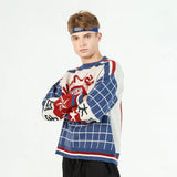 Baseball Uniform Space Cat Grid Numbers Embroidery Sweater Harajuku Retro Style Knitted Sweater Cotton Pullover