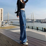 Toloer Hole High Waist Wide Leg Jeans For Girls Fall Students Straight Tube Loose Show Thin Design Sense Pants High Street Ins Tide-Outfit