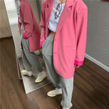 2022 Chic Loose Light Pink Women Blazer Spring Summer Single Buttons Female Oversized Suit Green Jacket Full Sleeve