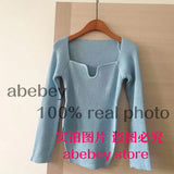 new spring sexy stylish sqaure collar full sleeves knitting pullover sexy slim T-shirt female top