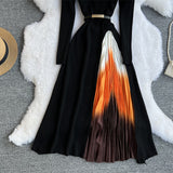 Toloer Knit Splicing Dress Simple Temperament Round Collar Long Sleeve Gradient Slim Thin Long Skirt