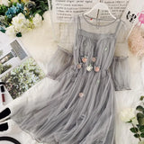 new women O-neck lantern sleeve gauze fairy puff dress female flower appliques elegant mesh princess