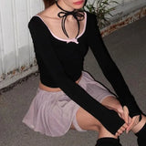 Toloer Girls Splicing Bow Knit U Collar T-Shirt Women's New Slim Slim Casual Bottom Top-Outfit