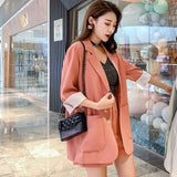 Casual Women Pant Suits Three-Quarter Sleeve Jacket Blazer & Button Fly Short Chic Female Short Suits OL Style Summer Work
