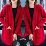 New Solid Knit Cardigan Long Sleeve Sweater Women Open Stitch Casual Pocket 2023 Loose Medium-long Cardigans Mujer