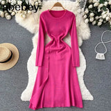 Knit Split Dresses for Women's Spring High Waist Buttons Slim Dresses Autumn Ladies Casual Mid-Calf