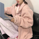 Deeptown Kawaii Pink Fleece Jackets Y2k Funny Bear Graphic Coat Korean Style Long Sleeve Top 2021 Lambswoo Reversible