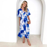 Women's Summer New Flower Print Bubble Sleeve A-Shaped Long Dress Temperament