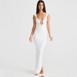 Toloer Women's Wear Fall 2024 New V Neck Open Back Irregular Dress Women's Dress Slit Dress-Outfit