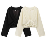 Decorative Short Top 2025 Spring Women's Long-Sleeved V-Neck Buckle Short