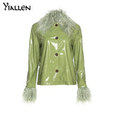 Yiallen Solid New Hipster Coat Women Patchwork Faux PU Leather Feathers High Street Style Hipster Long Sleeve Hot