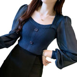 Bubble Sleeves Women's Long Sleeve Spring New Square Collar Knitted Shirt Dress Jacket Coat Jacket
