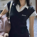Style POLO Collar Splicing Fake Two Short-Sleeved Blouses Slim And Simple Knitted T-Shirt Girl-Outfit