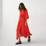 Elegant Lace Up Robe Dress Summer Wrap Long Dresses Women Casual Loose Half Sleeve Cotton Linen Office Blazers