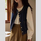 Retro Denim Vest Women Spring And Autumn Folding Waist Coat Outside A Small Design Feel Shoulder