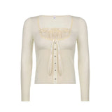 Korean Cute Y2K Retro Cotton Tops Lace Patchwork Buttons Kawaii Tshirts Autumn Square Collar Chic Casual