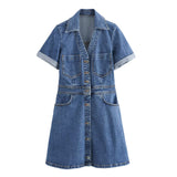 Denim Skirt 2025 Spring And Summer Roll Sleeves V-Neck Single Buckle High Waist Repair A-Word Mini Dress
